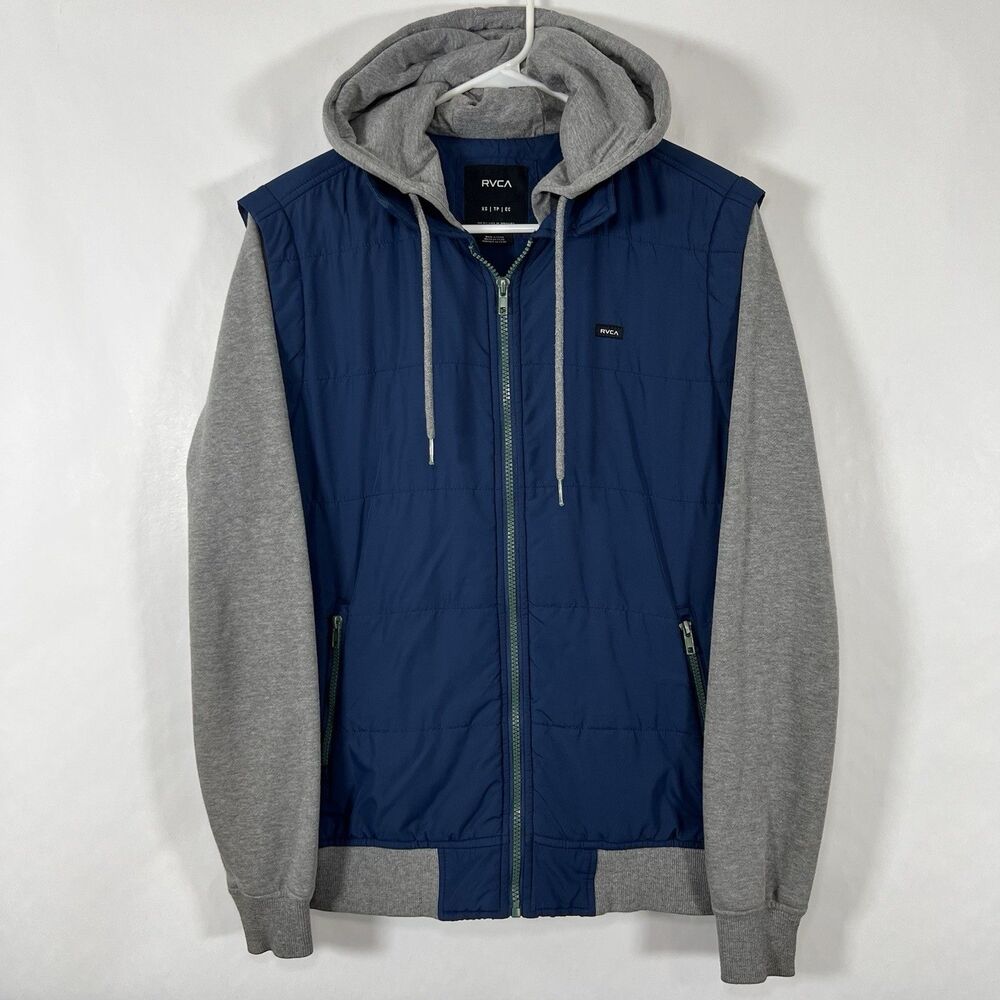 RVCA Full Zip Puffer Vest Hoodie Jacket Mens XS (Fits Small) Blue Gray Quilted